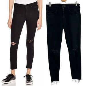 MOTHER Denim The Looker Ankle Fray Jeans Guilty As Sin Black Distressed Size 26